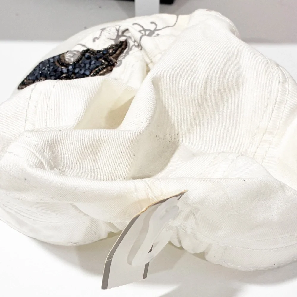 Vintage Y2K White Women’s Beaded Rhinestone Black Cross‎ Cap Hat One Size NEW - Picture 3 of 5